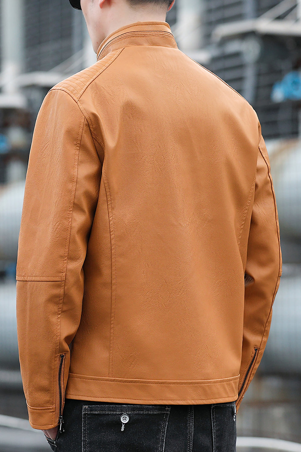 Men Mock Collar Solid Casual Leather Jacket