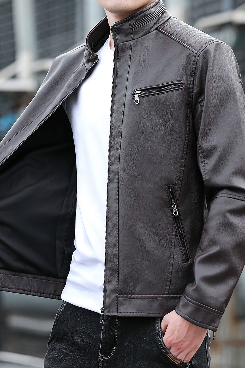 Men Mock Collar Solid Casual Leather Jacket