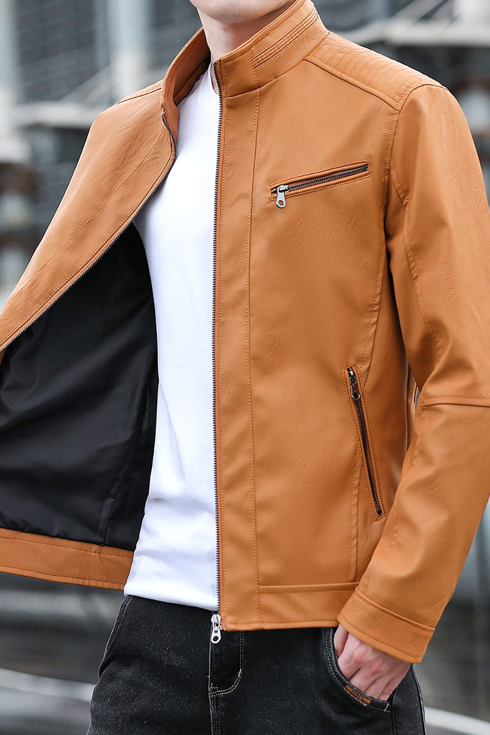 Men Mock Collar Solid Casual Leather Jacket