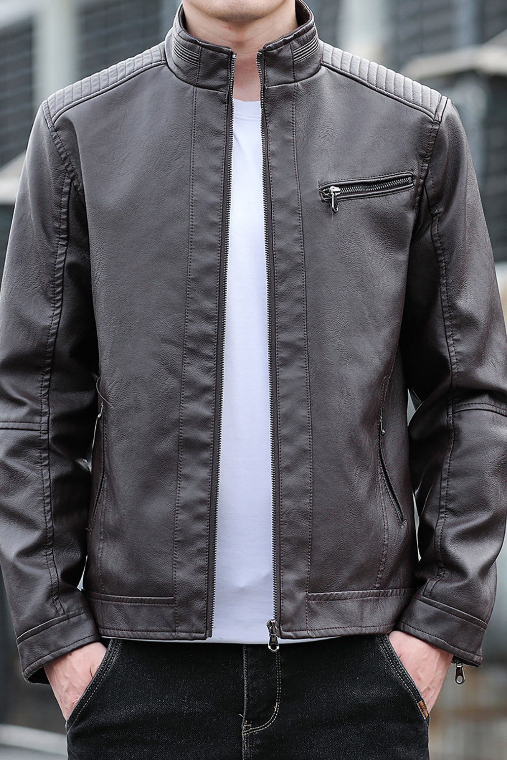 Men Mock Collar Solid Casual Leather Jacket
