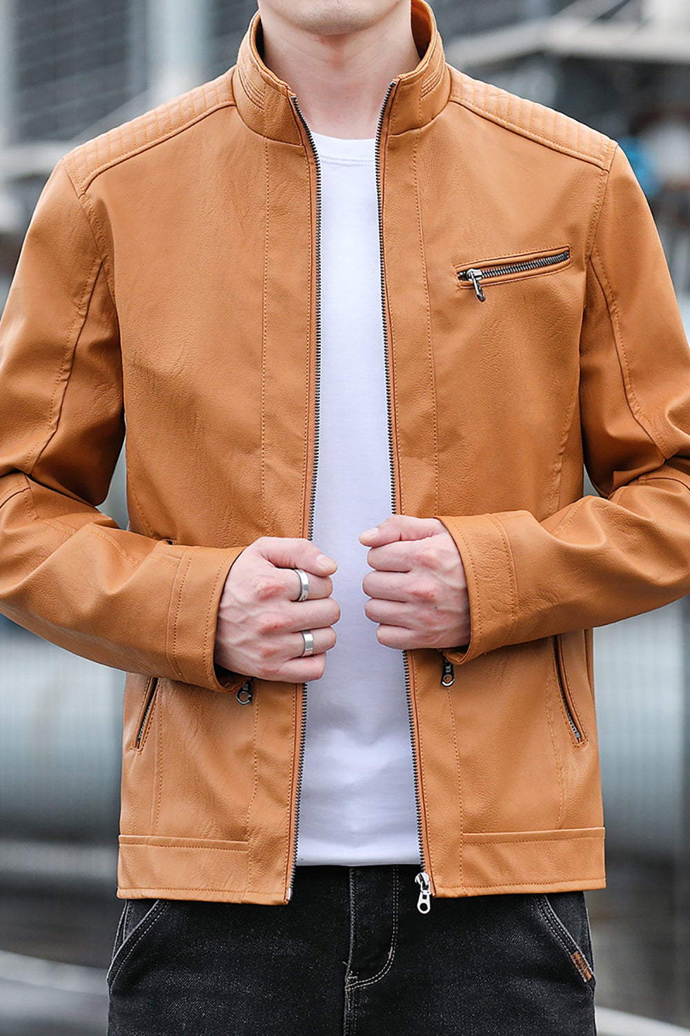 Men Mock Collar Solid Casual Leather Jacket