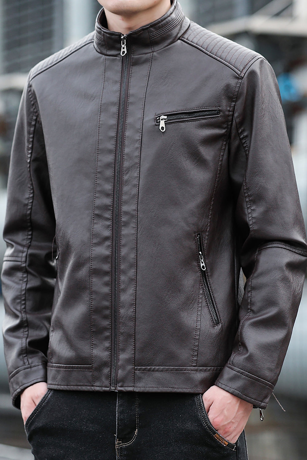 Men Mock Collar Solid Casual Leather Jacket