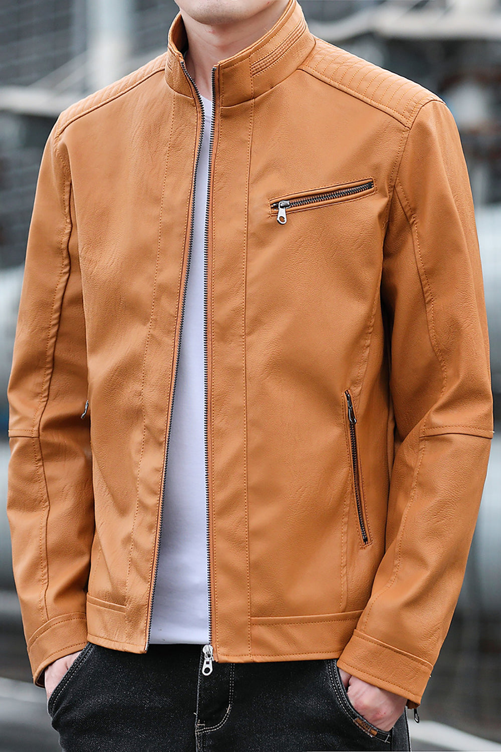 Men Mock Collar Solid Casual Leather Jacket
