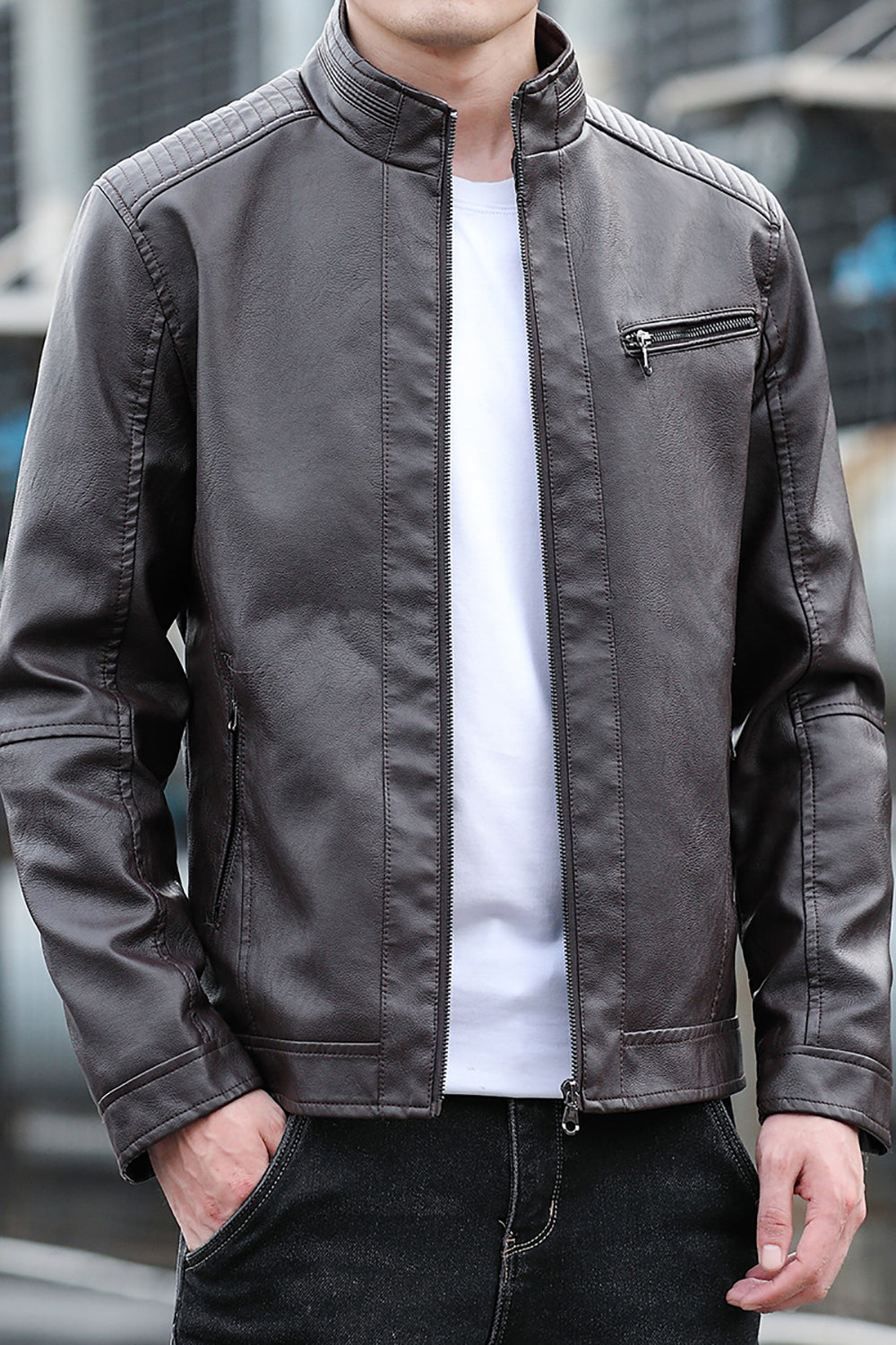 Men Mock Collar Solid Casual Leather Jacket