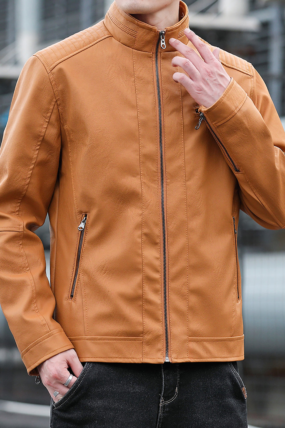 Men Mock Collar Solid Casual Leather Jacket