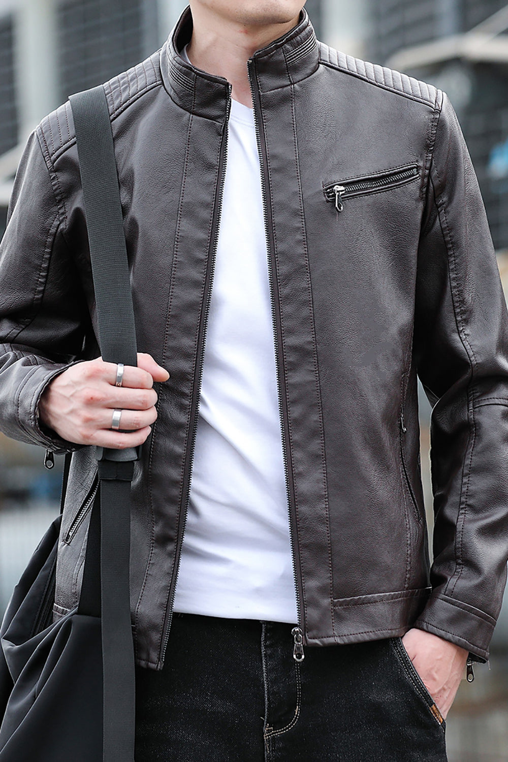 Men Mock Collar Solid Casual Leather Jacket