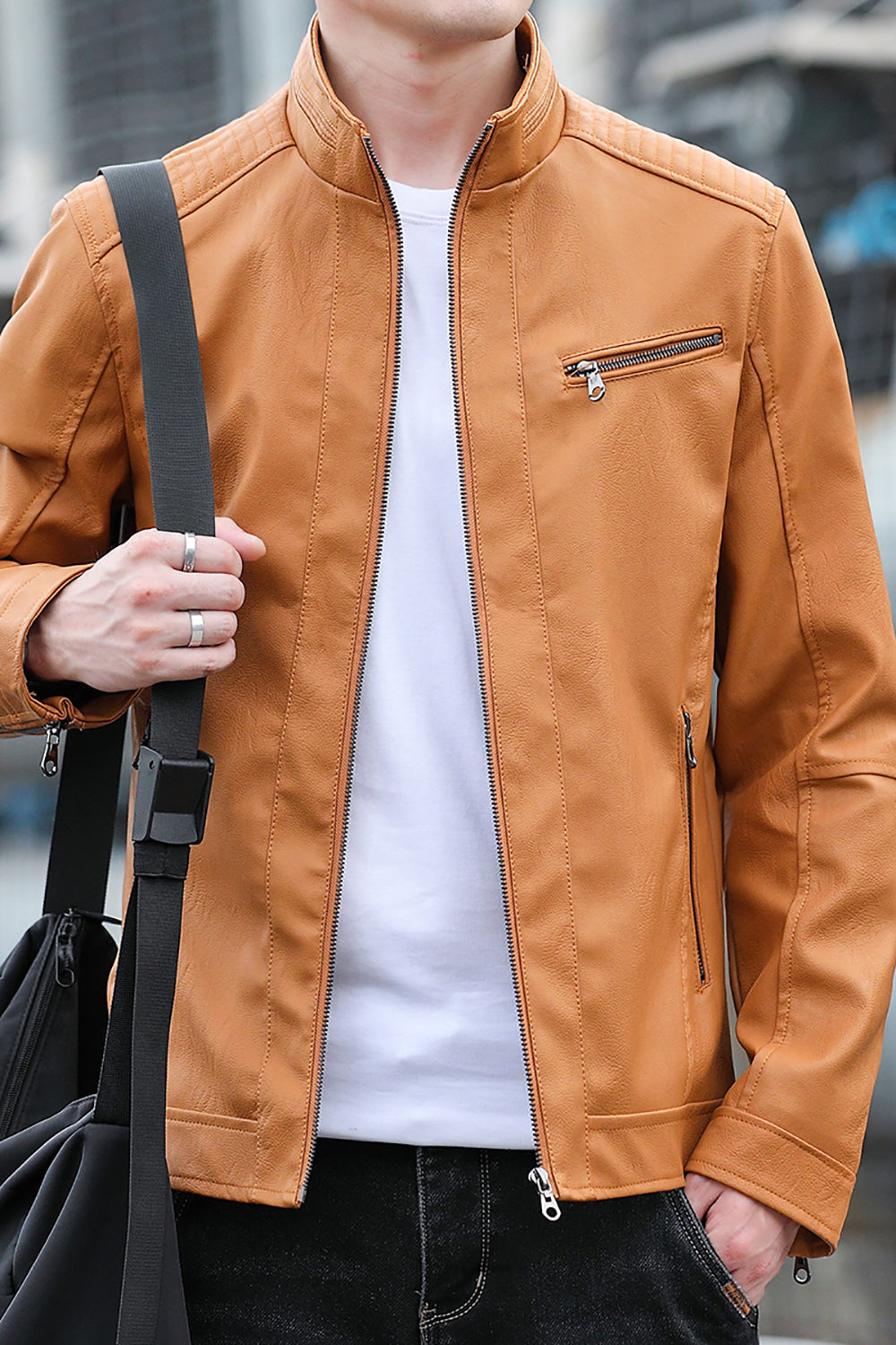Men Mock Collar Solid Casual Leather Jacket