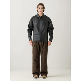 Men Spread Collar Solid Casual Leather Jacket