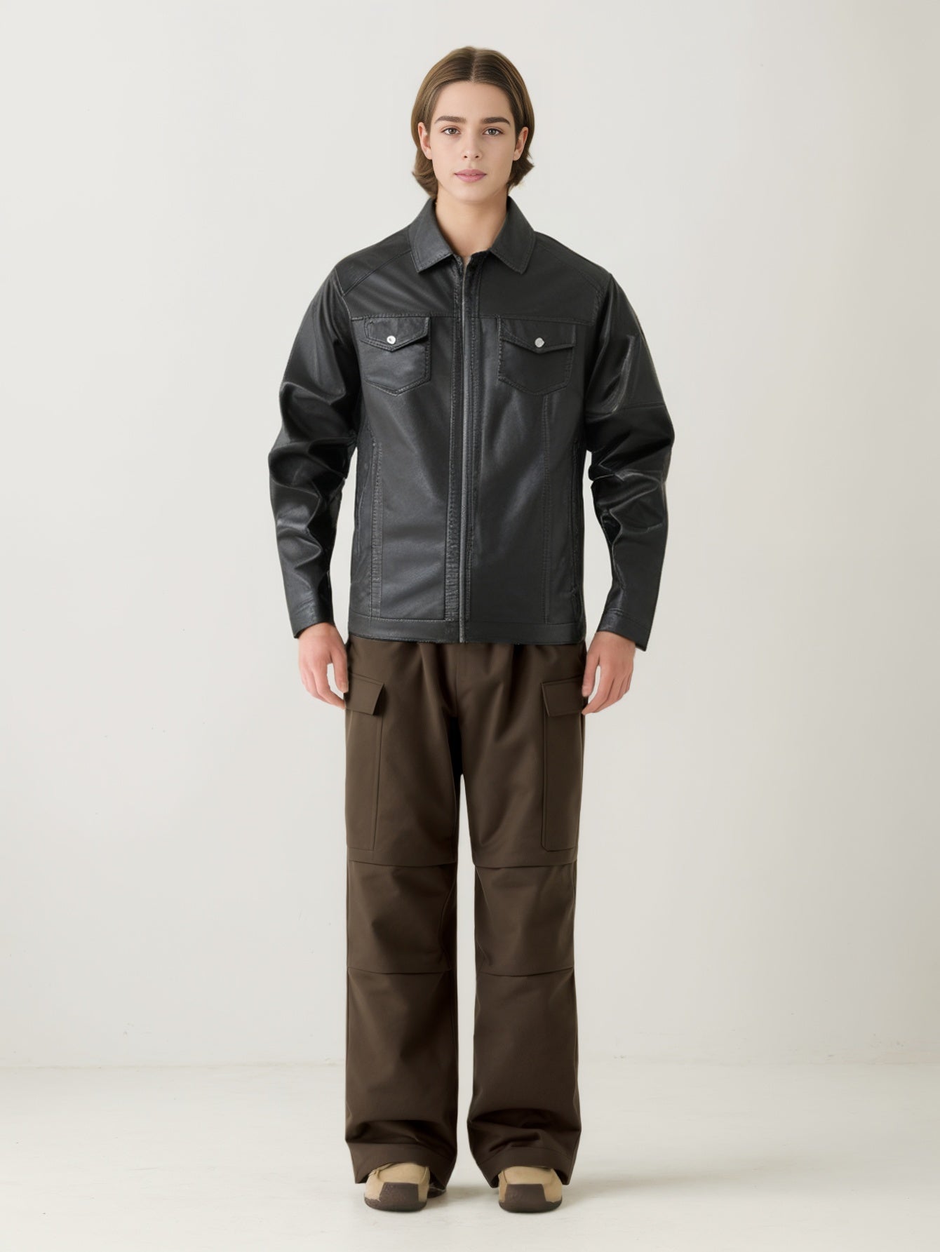 Men Spread Collar Solid Casual Leather Jacket