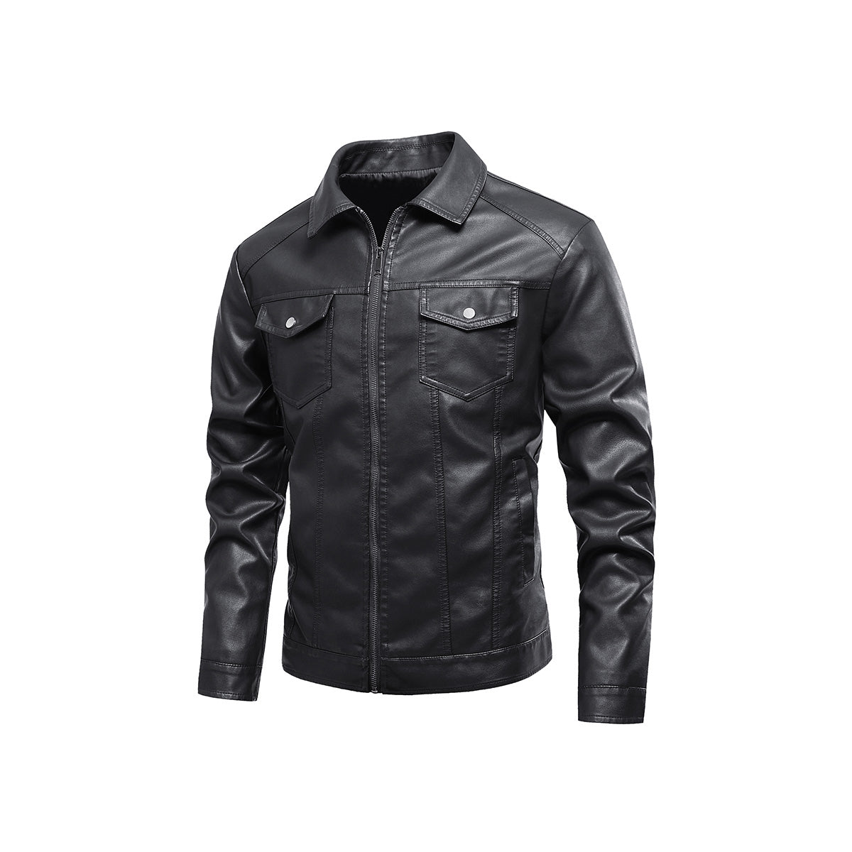 Men Spread Collar Solid Casual Leather Jacket