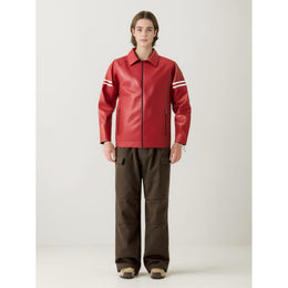 Men Spread Collar Striped Casual Leather Jacket