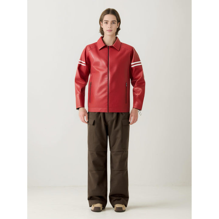 Men Spread Collar Striped Casual Leather Jacket