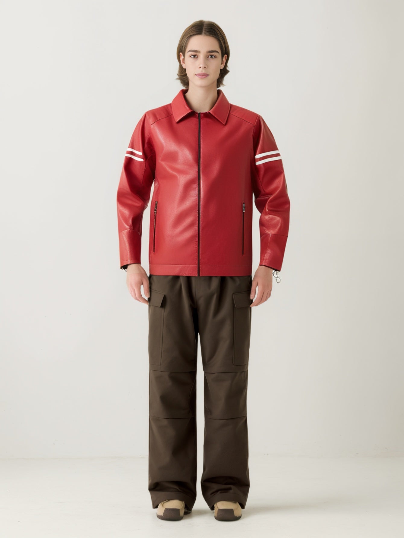 Men Spread Collar Striped Casual Leather Jacket