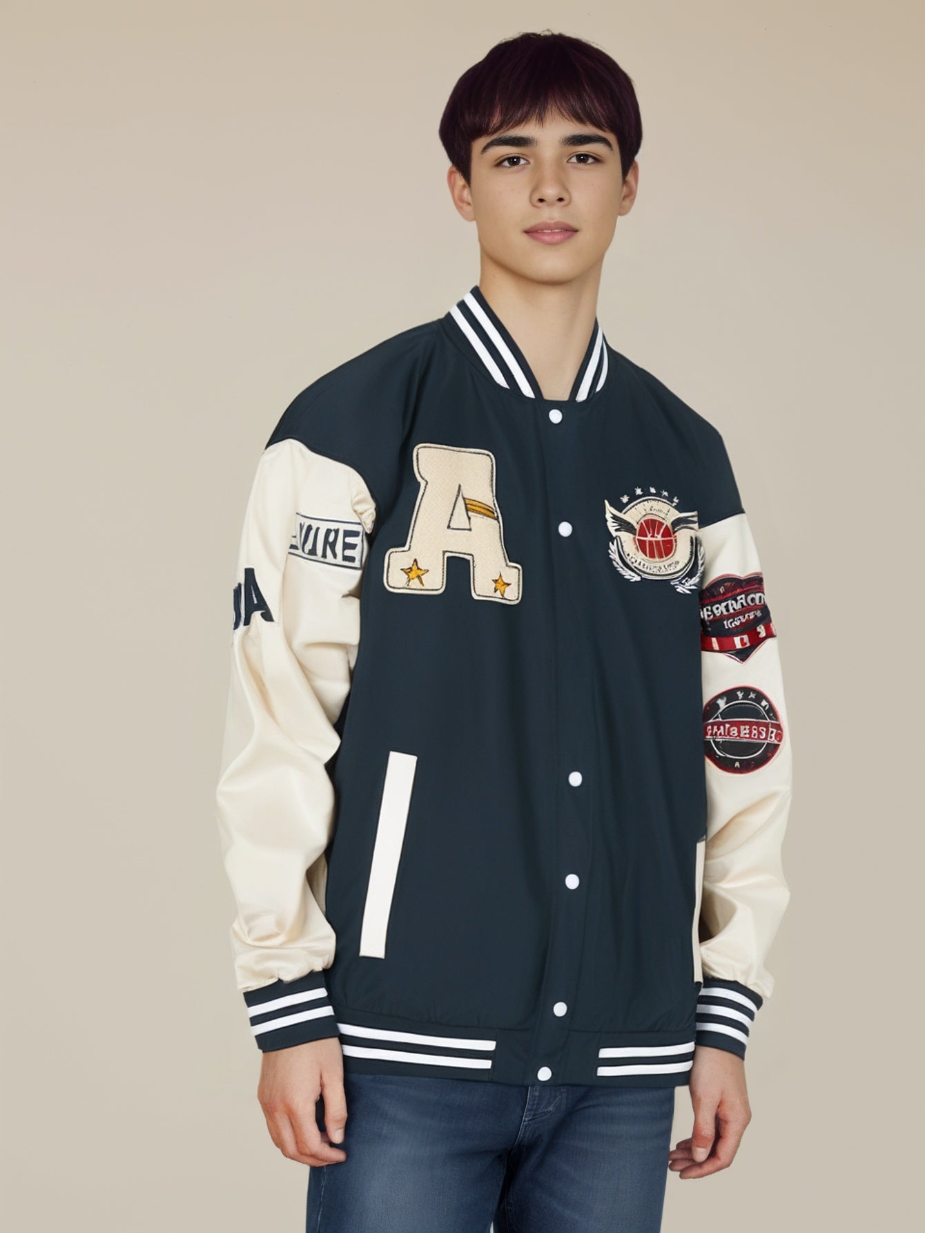Men Stand Collar Graphic Printed Casual Varsity Jacket