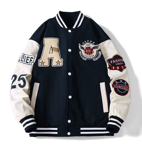 Men Stand Collar Graphic Printed Casual Varsity Jacket