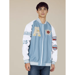 Men Stand Collar Graphic Printed Casual Varsity Jacket