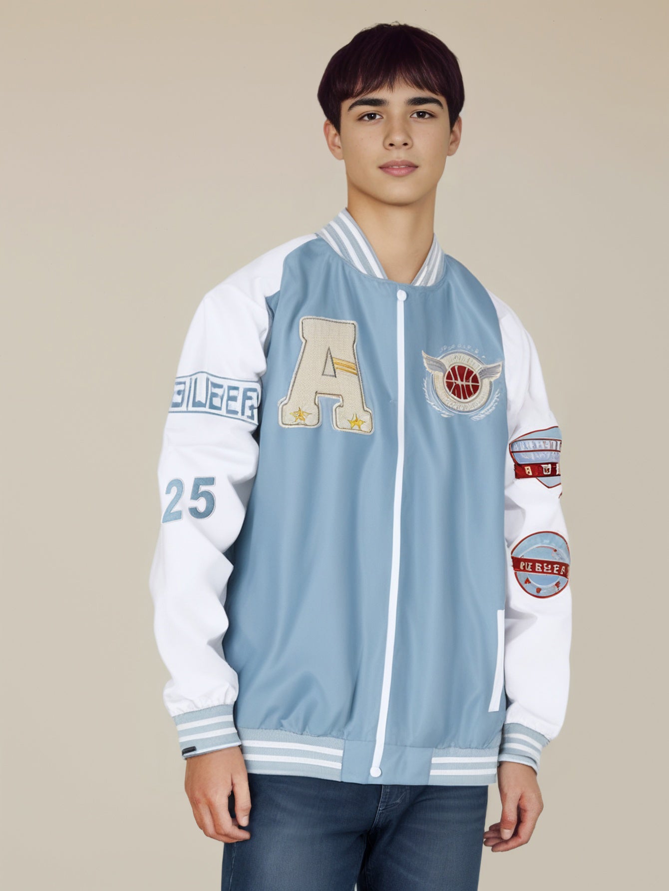 Men Stand Collar Graphic Printed Casual Varsity Jacket