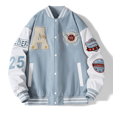 Men Stand Collar Graphic Printed Casual Varsity Jacket