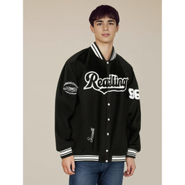 Men Stand Collar Typography Printed Casual Varsity Jacket