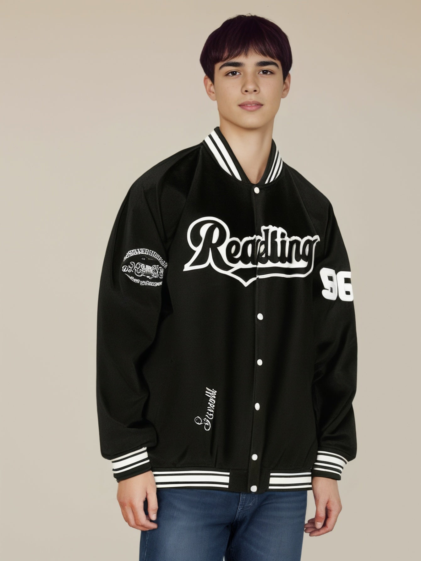Men Stand Collar Typography Printed Casual Varsity Jacket
