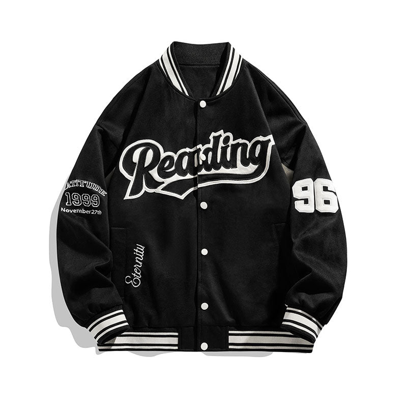 Men Stand Collar Typography Printed Casual Varsity Jacket