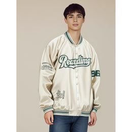 Men Stand Collar Typography Printed Casual Varsity Jacket
