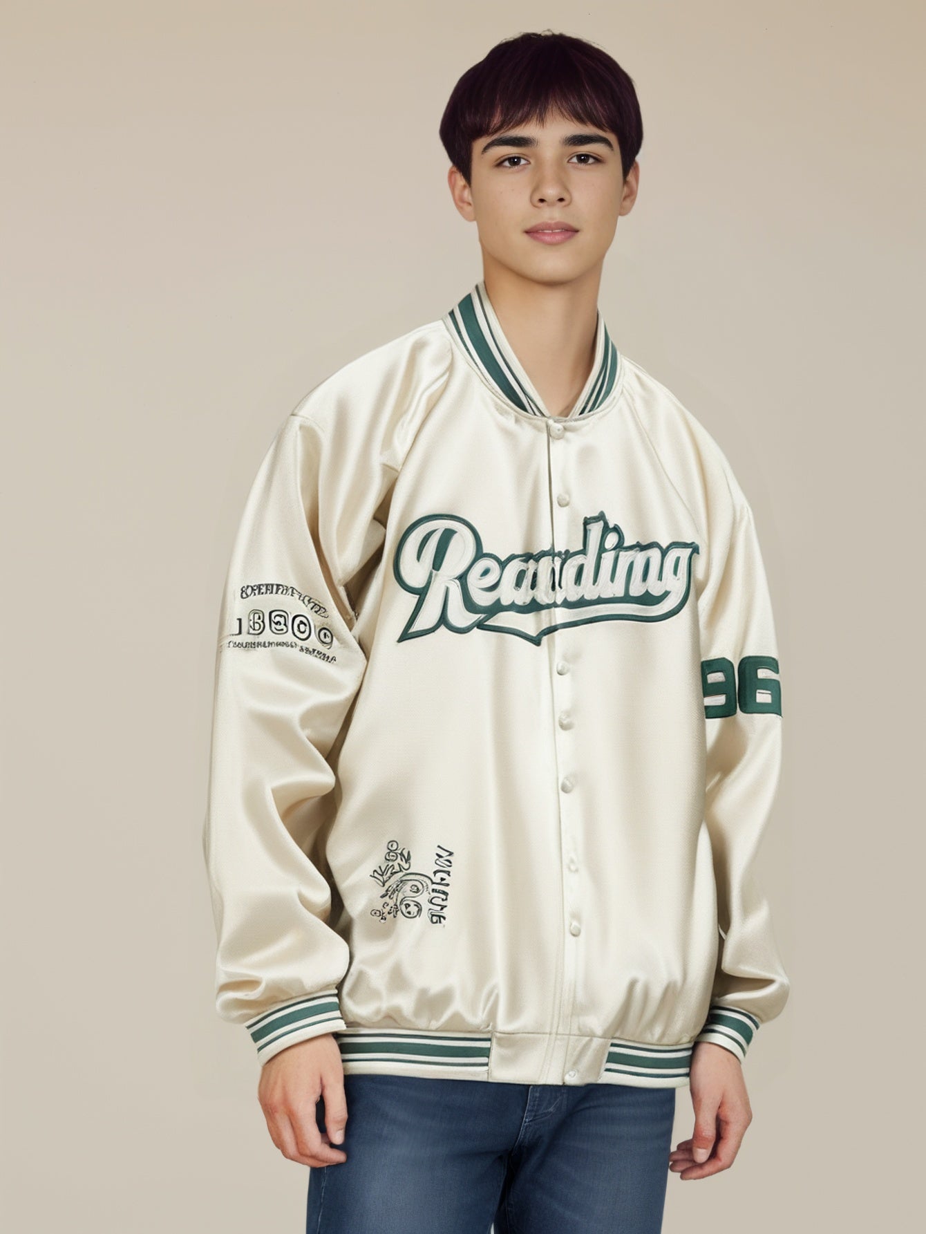 Men Stand Collar Typography Printed Casual Varsity Jacket