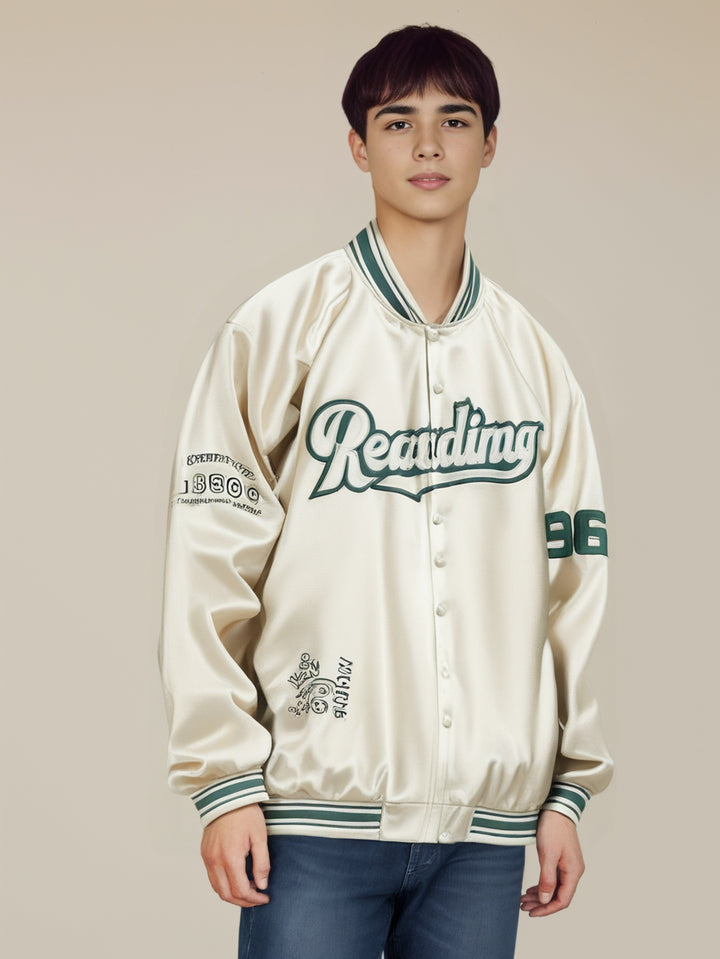 Men Stand Collar Typography Printed Casual Varsity Jacket