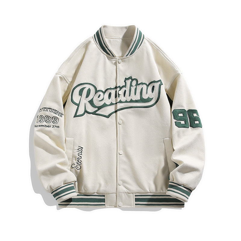 Men Stand Collar Typography Printed Casual Varsity Jacket