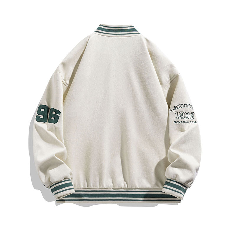 Men Stand Collar Typography Printed Casual Varsity Jacket