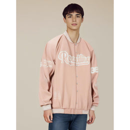 Men Stand Collar Typography Printed Casual Varsity Jacket