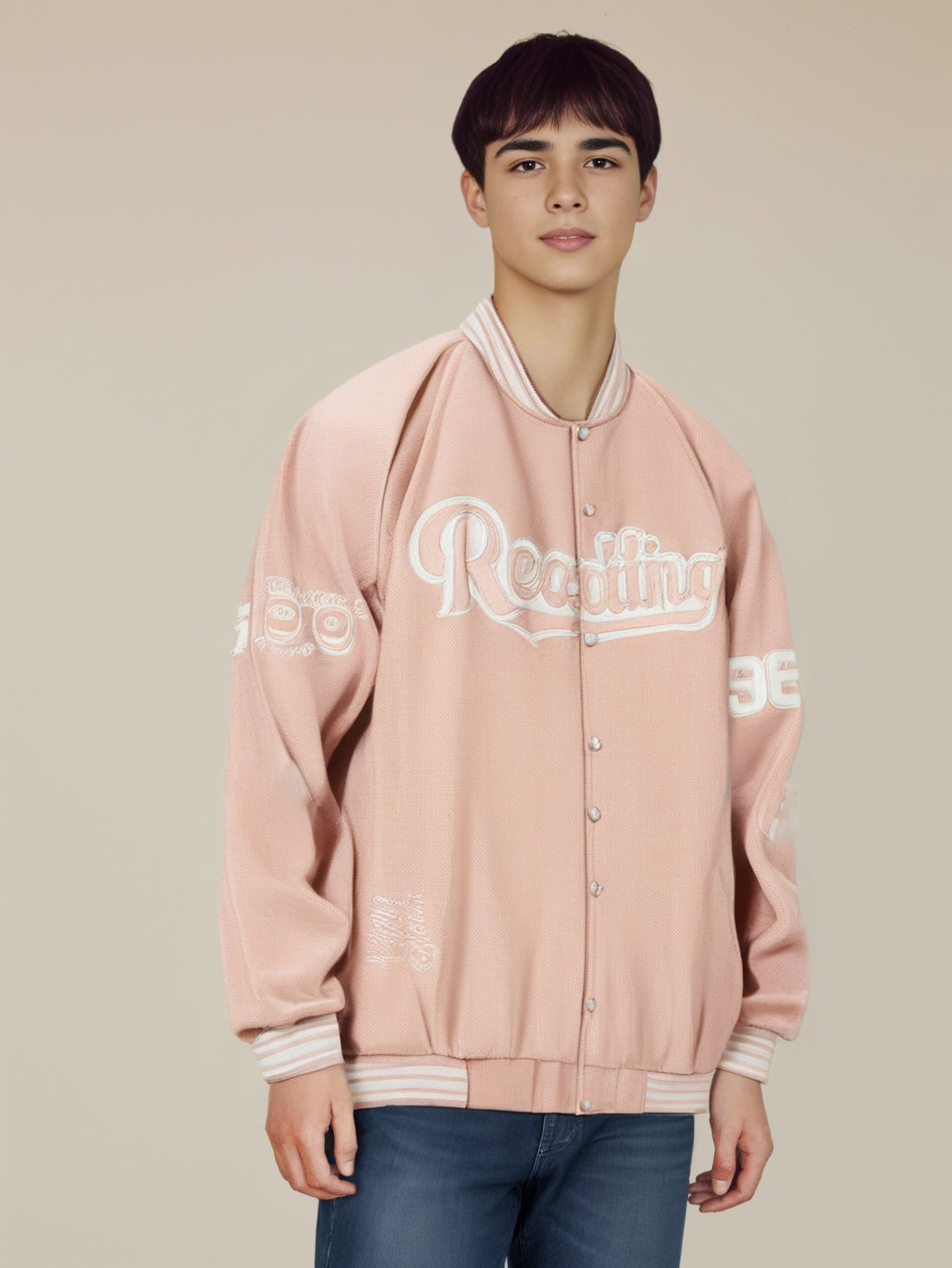 Men Stand Collar Typography Printed Casual Varsity Jacket