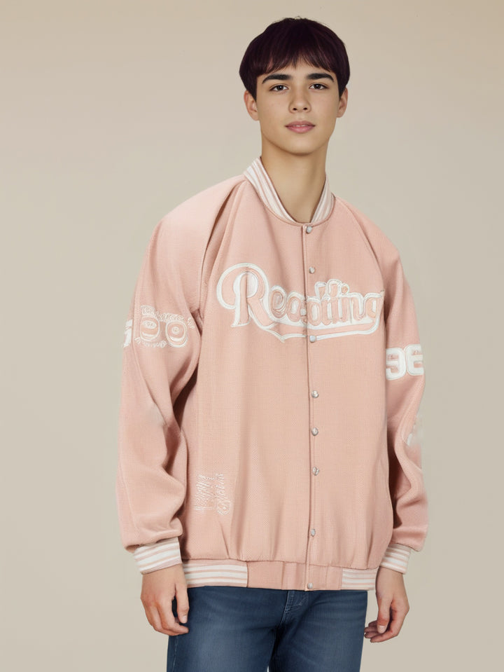 Men Stand Collar Typography Printed Casual Varsity Jacket