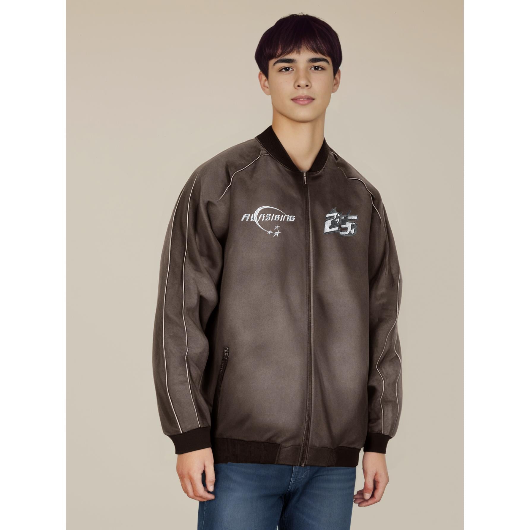Men's Brown Wool Casual Bomber Jacket with Brand Logo