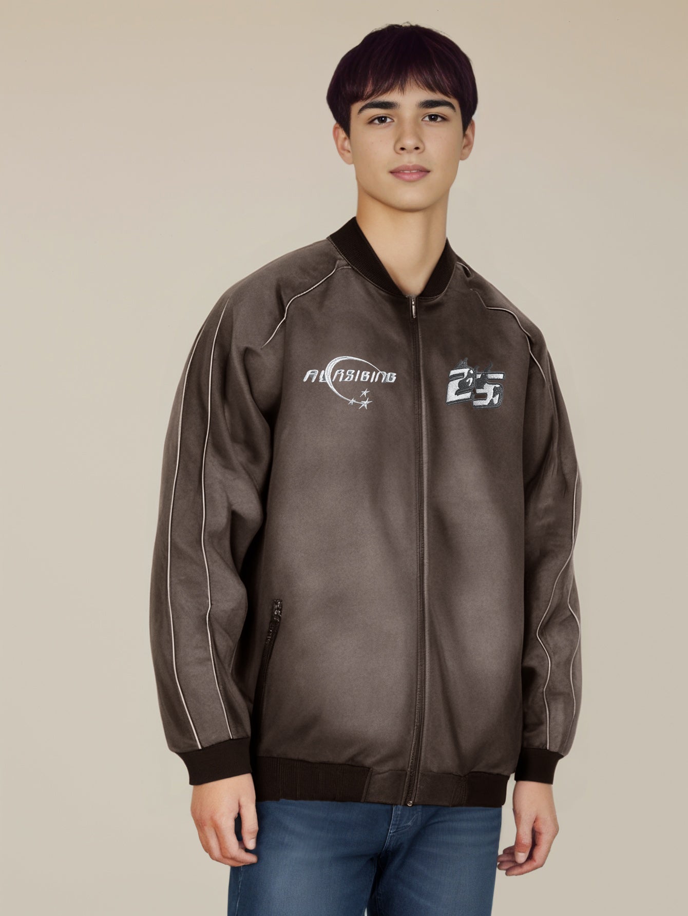 Men's Brown Wool Casual Bomber Jacket with Brand Logo