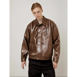 Men Spread Collar Solid Casual Leather Jacket