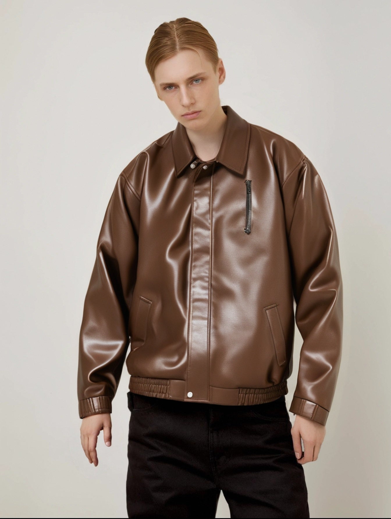 Men Spread Collar Solid Casual Leather Jacket
