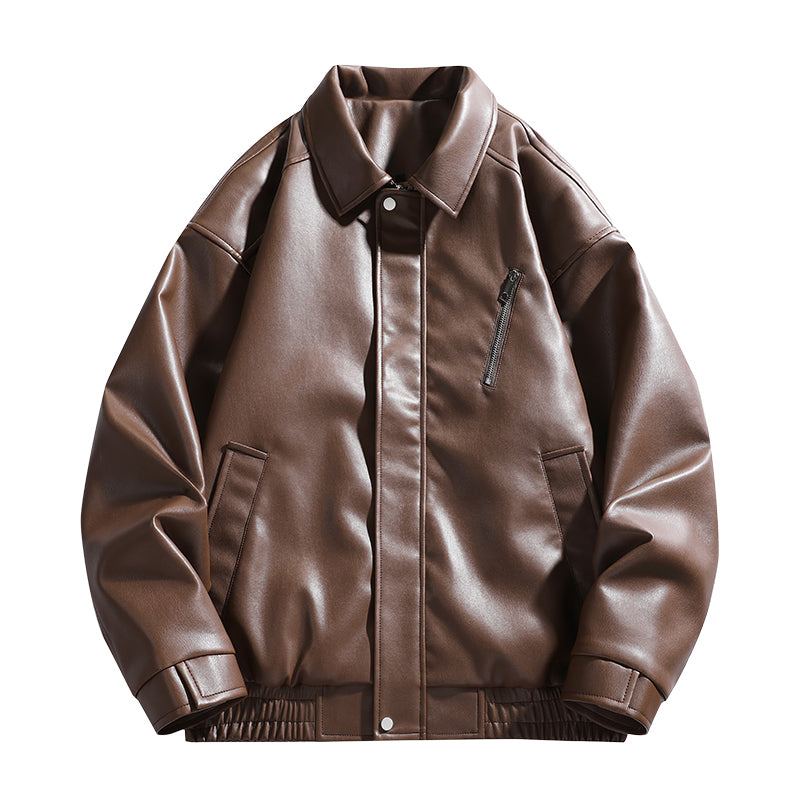 Men Spread Collar Solid Casual Leather Jacket
