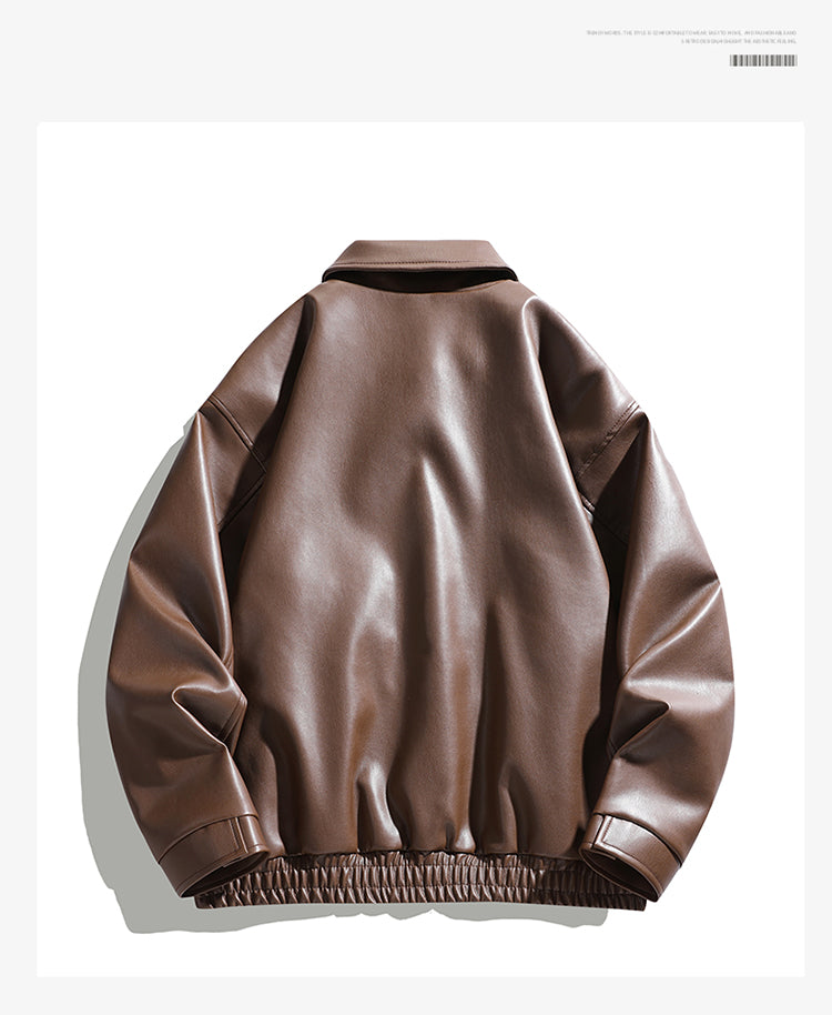 Men Spread Collar Solid Casual Leather Jacket
