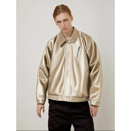 Men Spread Collar Solid Casual Leather Jacket