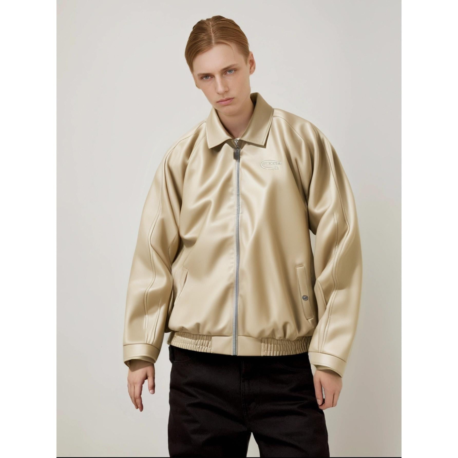 Men Spread Collar Solid Casual Leather Jacket