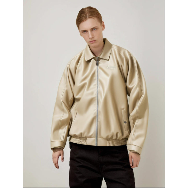 Men Spread Collar Solid Casual Leather Jacket