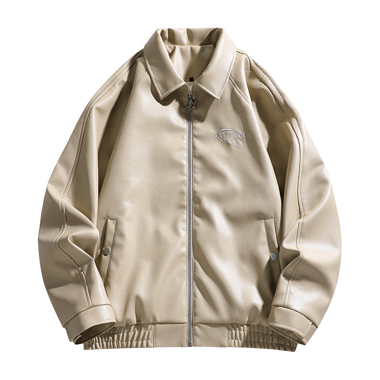 Men Spread Collar Solid Casual Leather Jacket