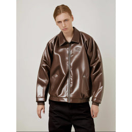Men Spread Collar Solid Casual Leather Jacket