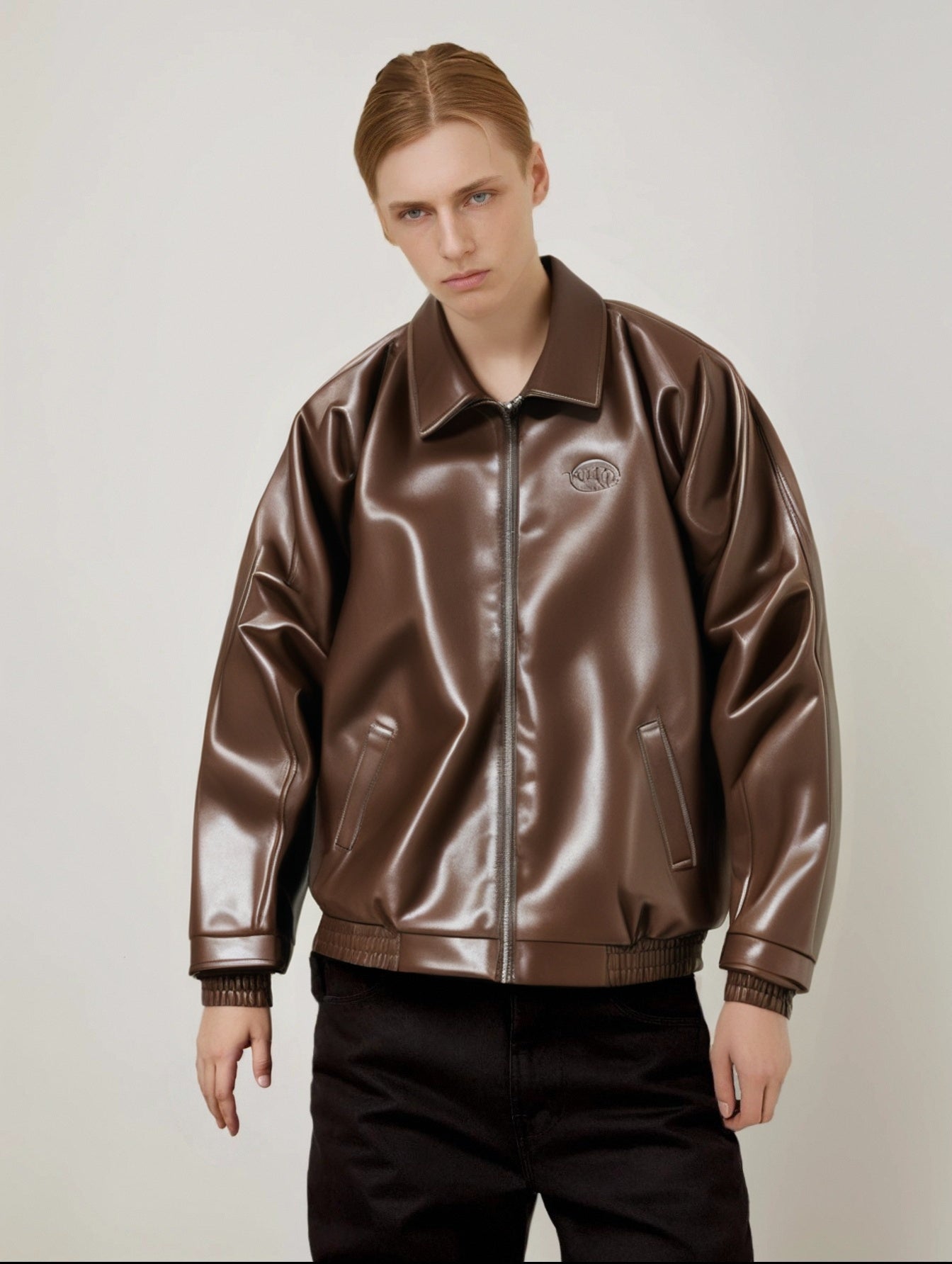 Men Spread Collar Solid Casual Leather Jacket