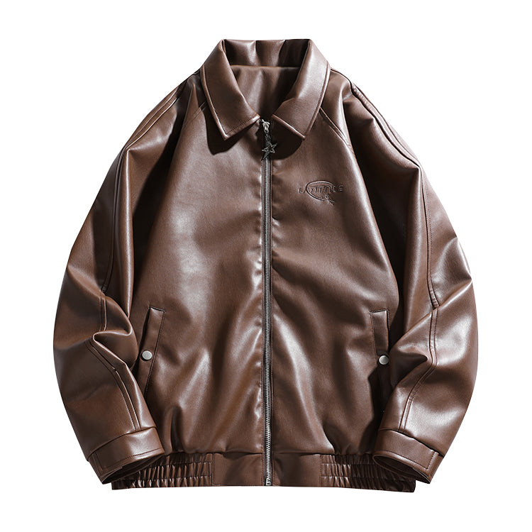 Men Spread Collar Solid Casual Leather Jacket