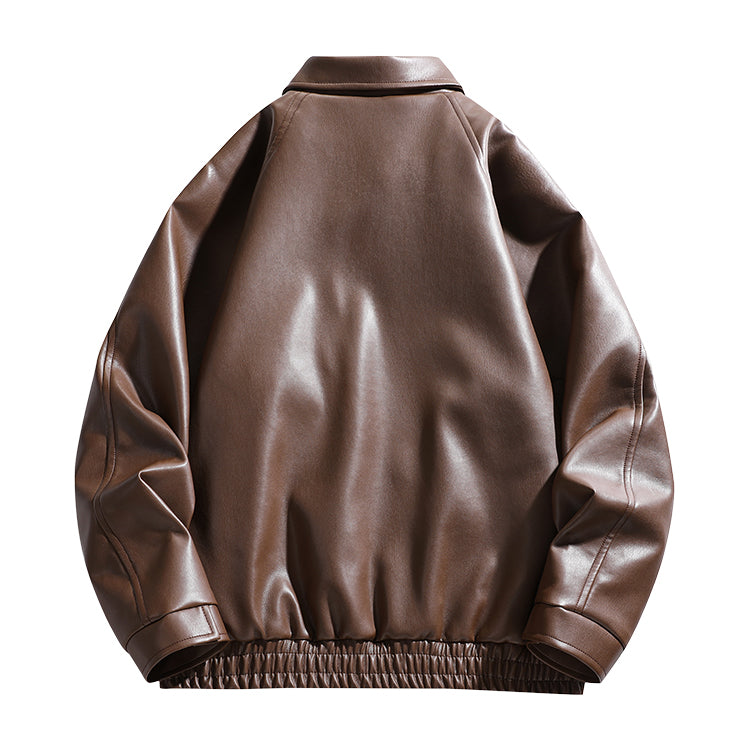 Men Spread Collar Solid Casual Leather Jacket