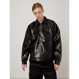 Men Spread Collar Solid Casual Leather Jacket