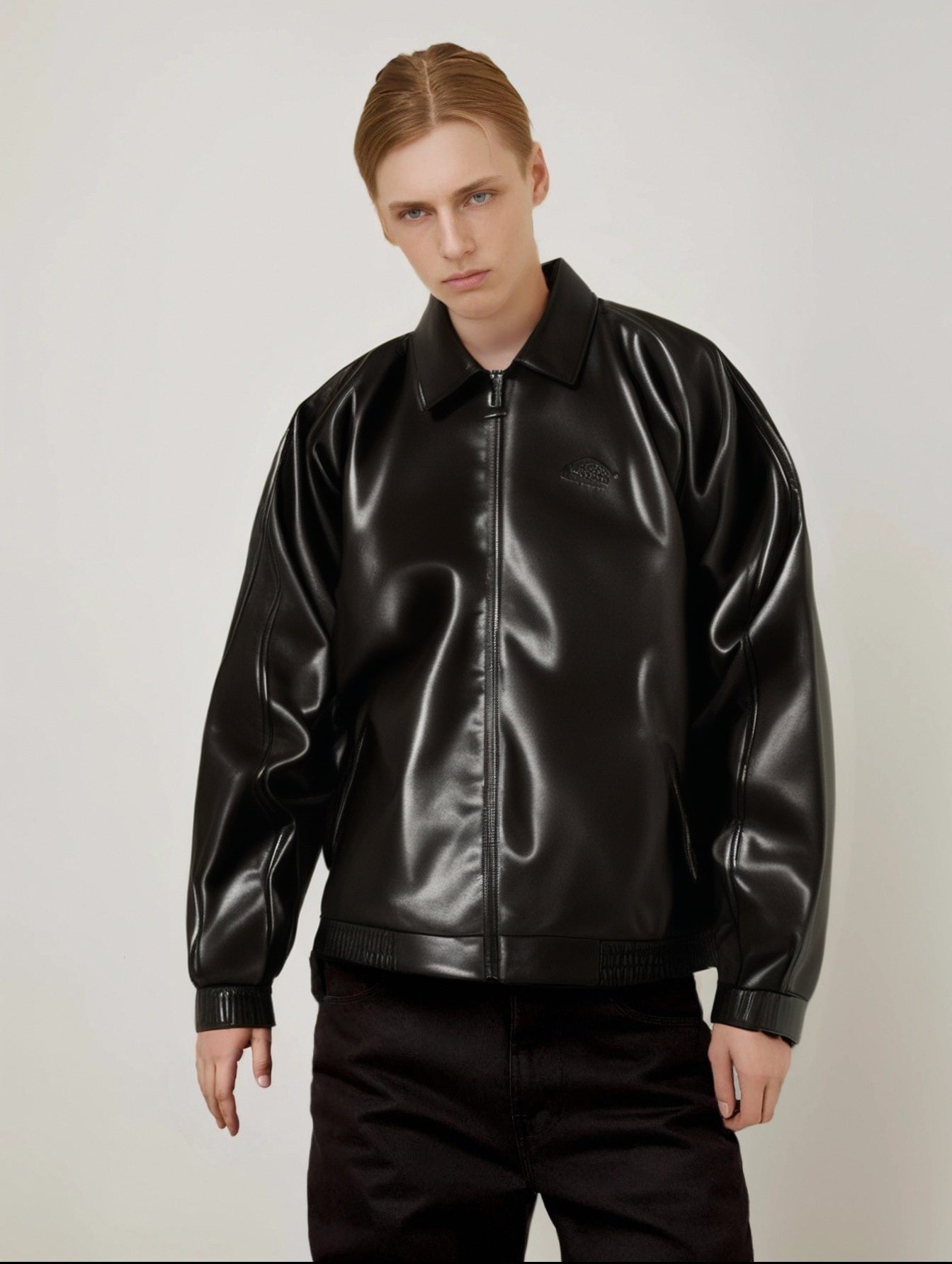 Men Spread Collar Solid Casual Leather Jacket