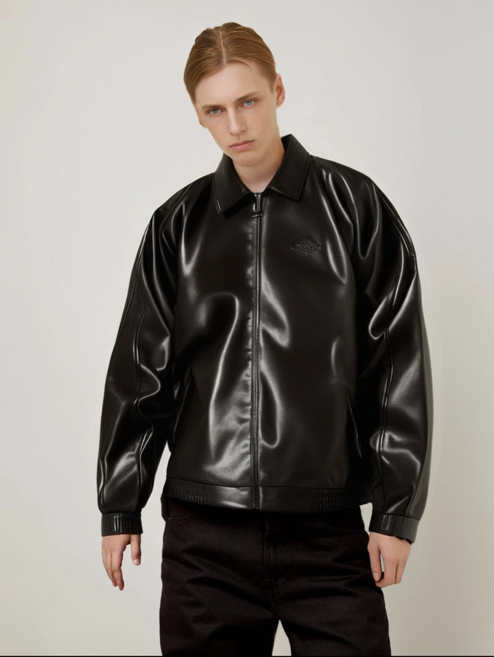 Men Spread Collar Solid Casual Leather Jacket